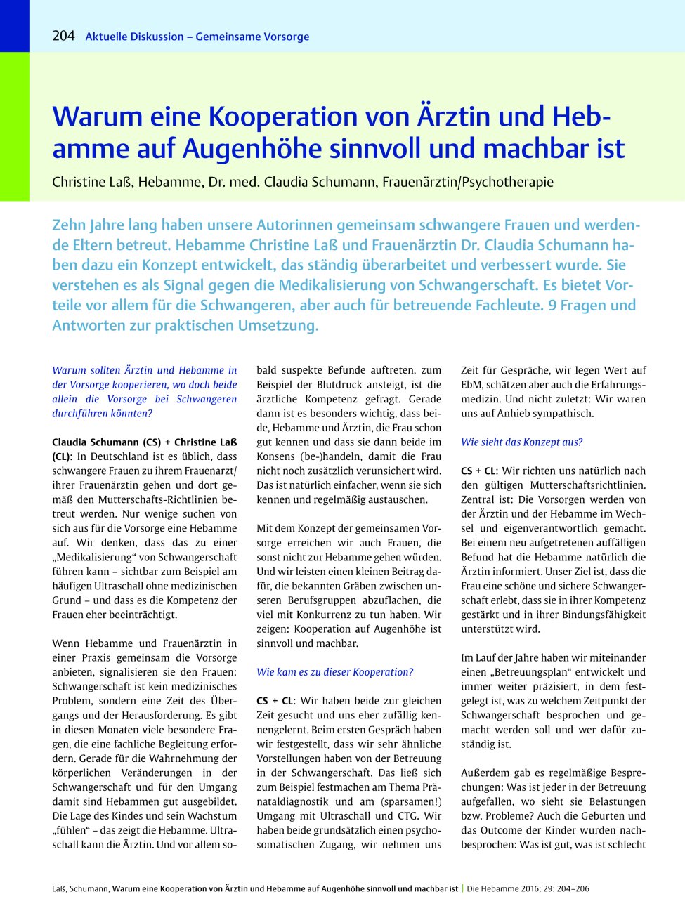 Vorschauseite 1: Warum eine Kooperation von Ärztin und Hebamme auf Augenhöhe sinnvoll und machbar ist