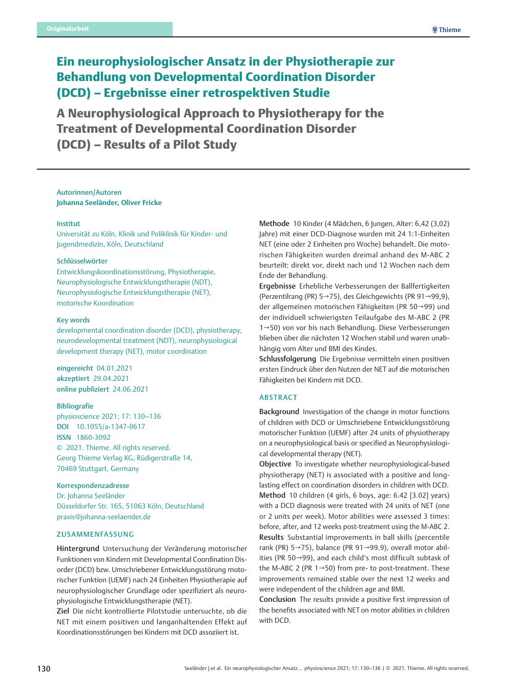 Vorschauseite 1: Ein neurophysiologischer Ansatz in der Physiotherapie zur Behandlung von Developmental Coordination Disorder (DCD) – Ergebnisse einer retrospektiven Studie