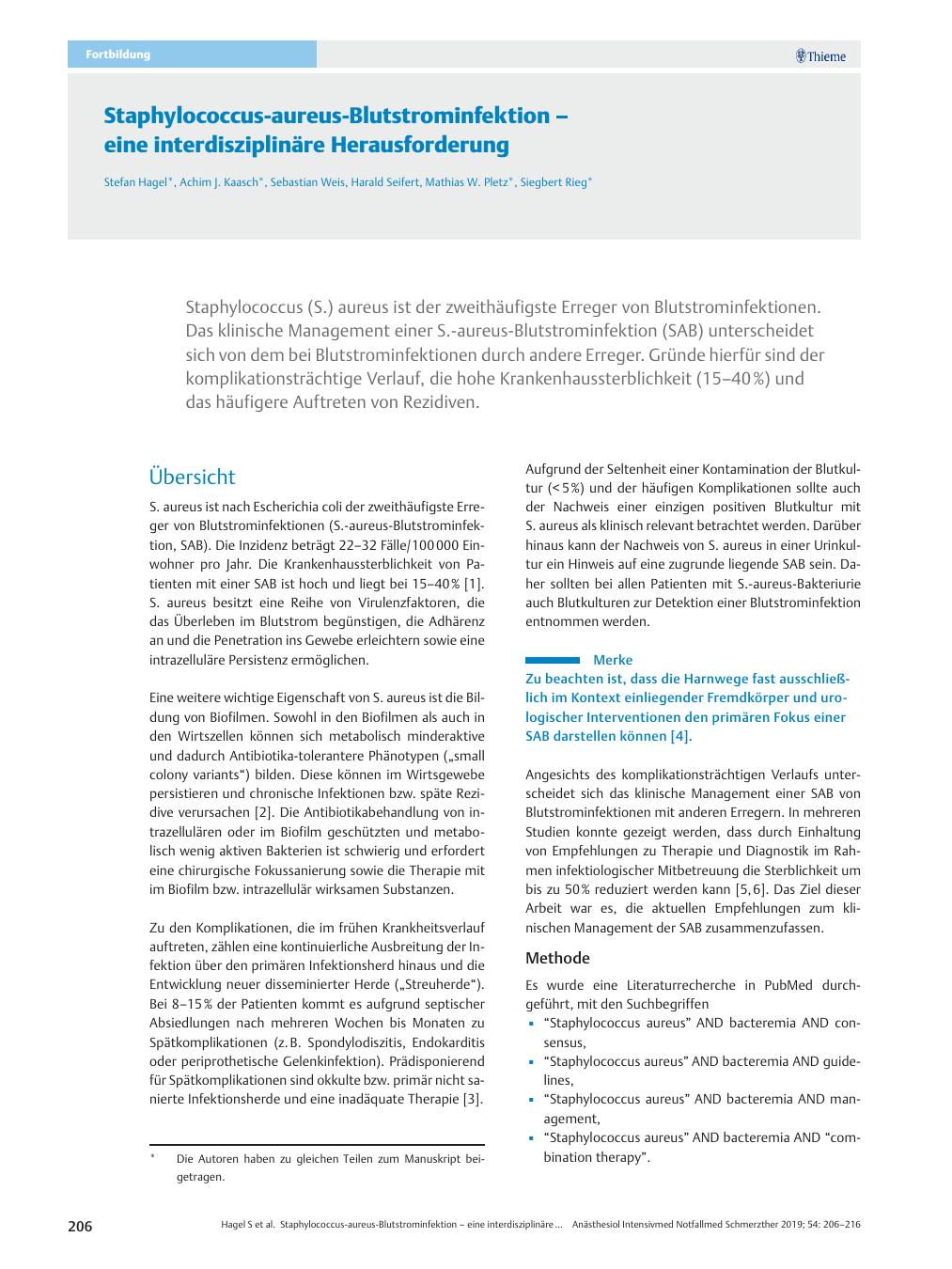 Vorschauseite 1: Staphylococcus-aureus-Blutstrominfektion – eine interdisziplinäre Herausforderung