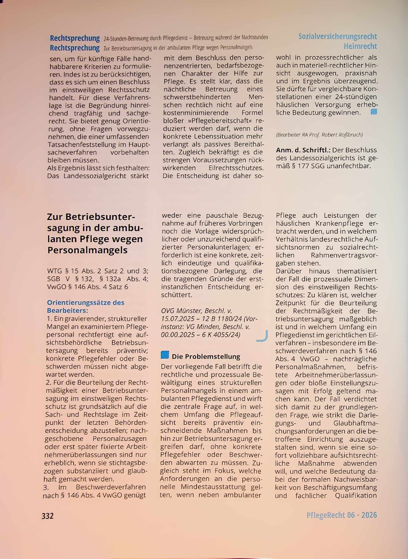 Vorschauseite 1: Zur Betriebsuntersagung in der ambulanten Pflege wegen Personalmangels