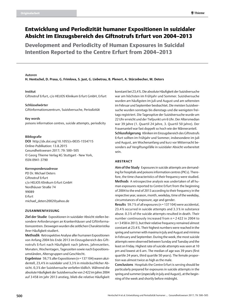 Vorschauseite 1: Entwicklung und Periodizität humaner Expositionen in suizidaler Absicht im Einzugsbereich des Giftnotrufs Erfurt von 2004? 2013