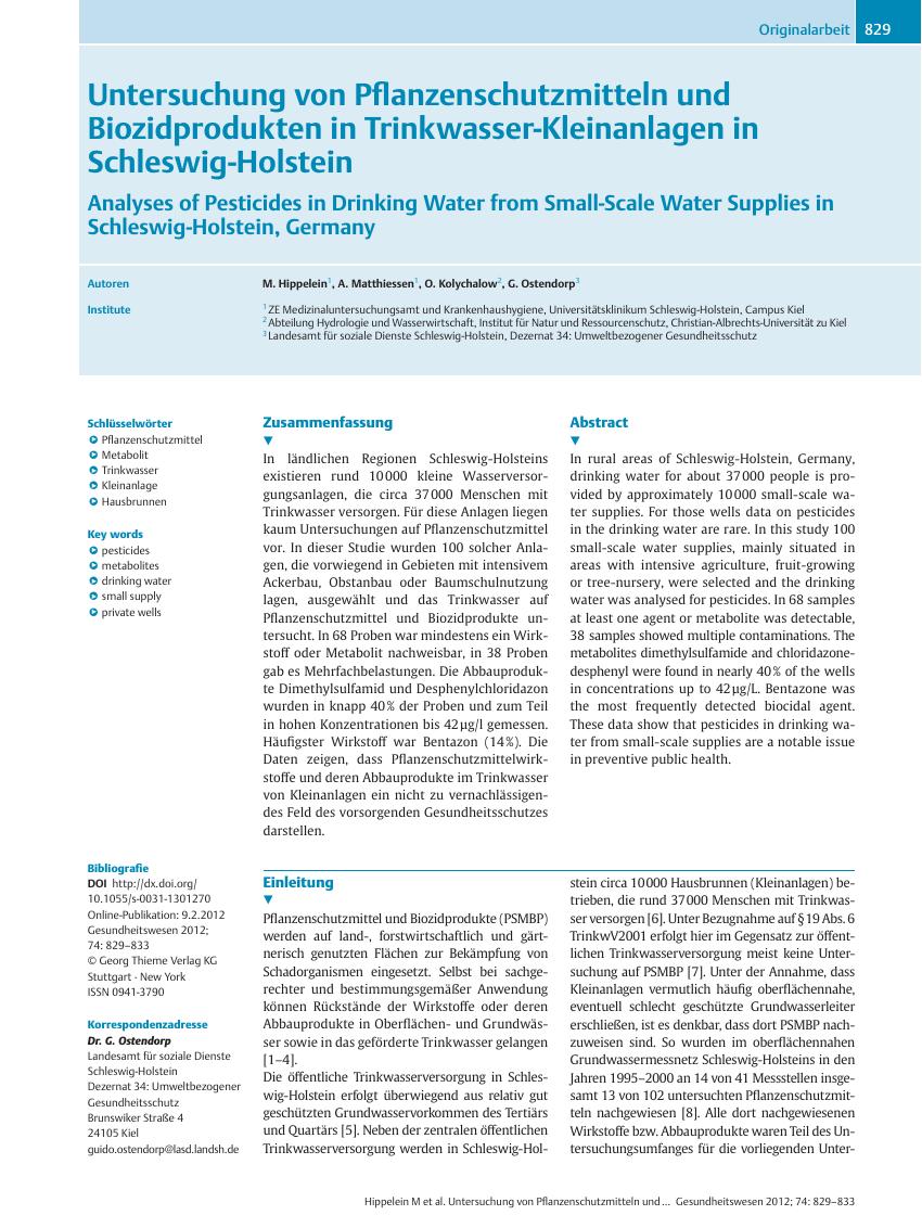 Vorschauseite 1: Untersuchung von Pflanzenschutzmitteln und Biozidprodukten in Trinkwasser-Kleinanlagen in Schleswig-Holstein