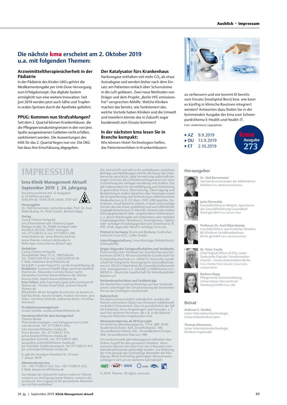 Vorschauseite 1: Die nächste kma erscheint am 2. Oktober 2019 u.a. mit folgenden Themen: