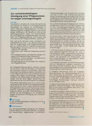 Vorschauseite 1: Zur verhaltensbedingten Kündigung einer Pflegeassistentin wegen Leistungsmängeln