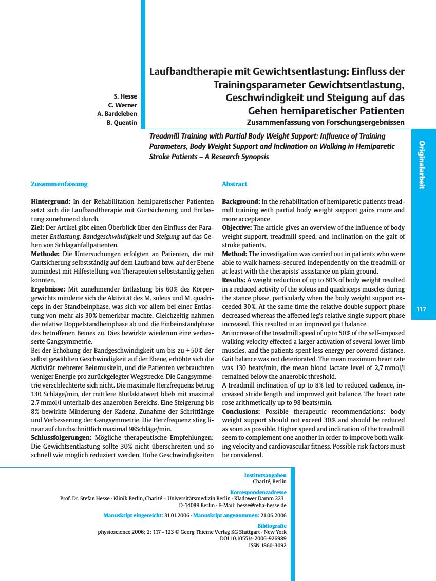 Vorschauseite 1: Laufbandtherapie mit Gewichtsentlastung: Einfluss der Trainingsparameter Gewichtsentlastung, Geschwindigkeit und Steigung auf das Gehen hemiparetischer Patienten