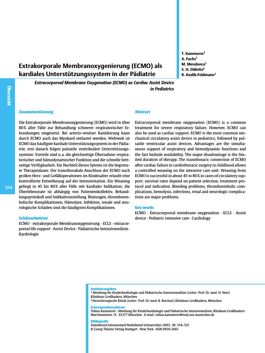 Vorschauseite 1: Extrakorporale Membranoxygenierung (ECMO) als kardiales Unterstützungssystem in der Pädiatrie