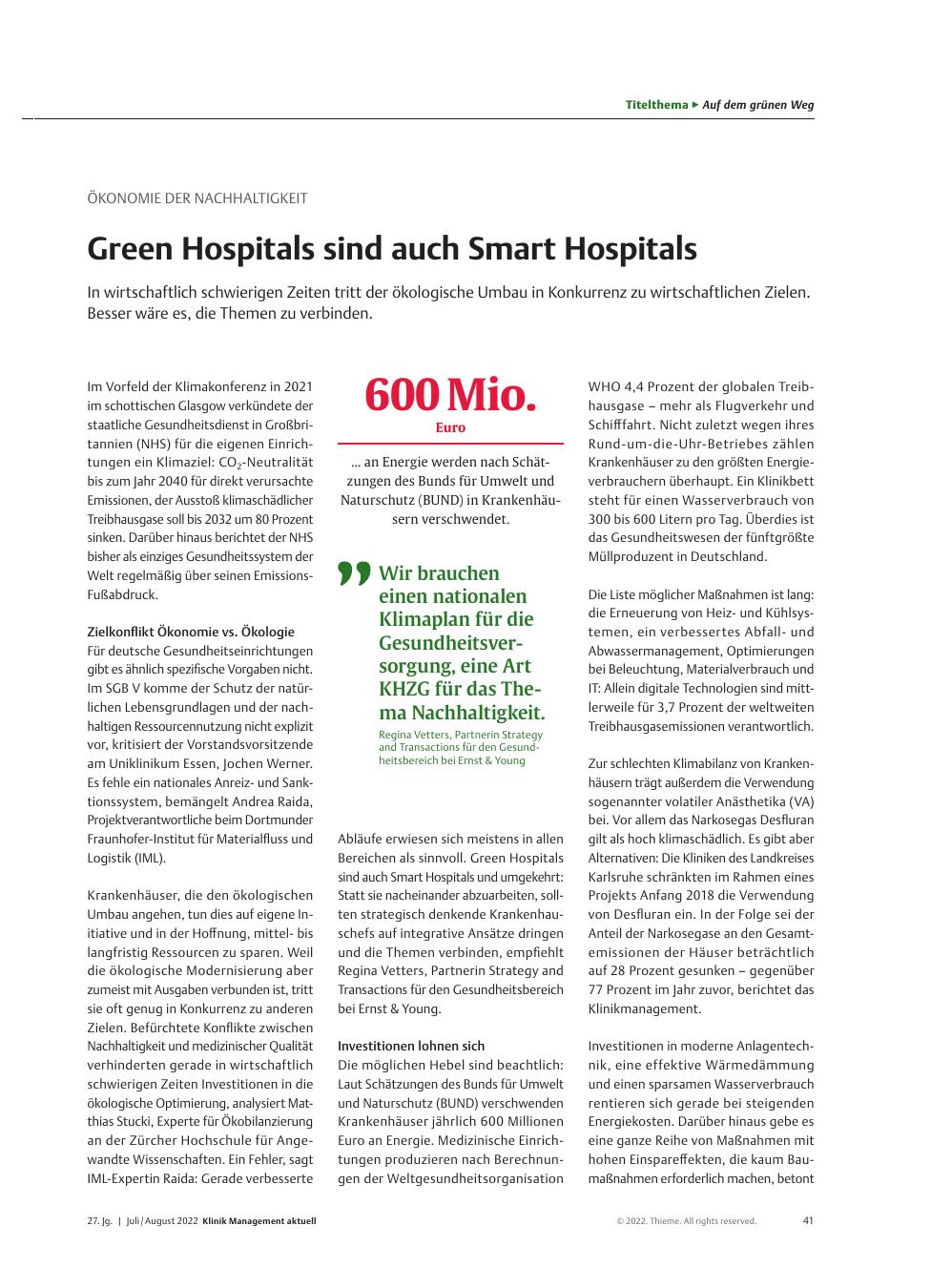 Vorschauseite 1: Ökonomie der Nachhaltigkeit: Green Hospitals sind auch Smart Hospitals