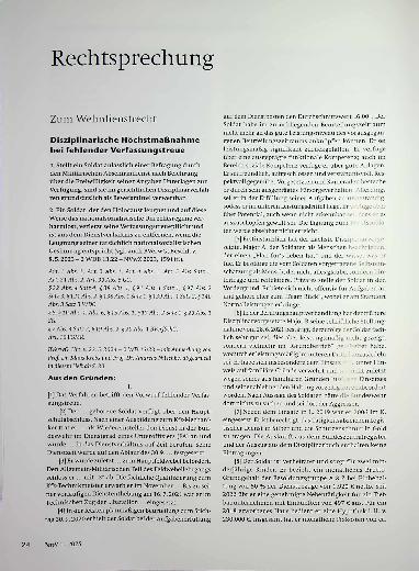 Vorschauseite 1: Zum Wehrdienstrecht: Disziplinarische Höchstmaßnahme bei fehlender Verfassungstreue