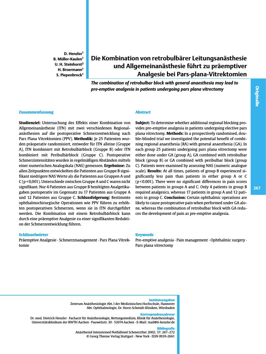 Vorschauseite 1: Die Kombination von retrobulbärer Leitungsanästhesie und Allgemeinanästhesie führt zu präemptiver Analgesie bei Pars-plana-Vitrektomien