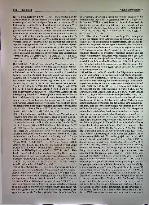 Vorschauseite 4: Aktuelle Entscheidungen: Entgeltfortzahlung im Krankheitsfall - symptomlose SARS-CoV-2-Infektion