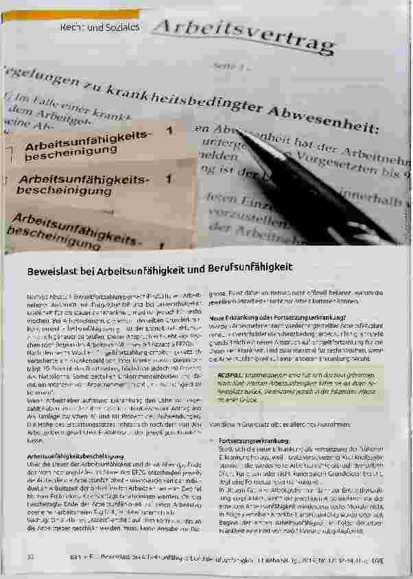 Vorschauseite 1: Beweislast bei Arbeitsunfähigkeit und Berufsunfähigkeit