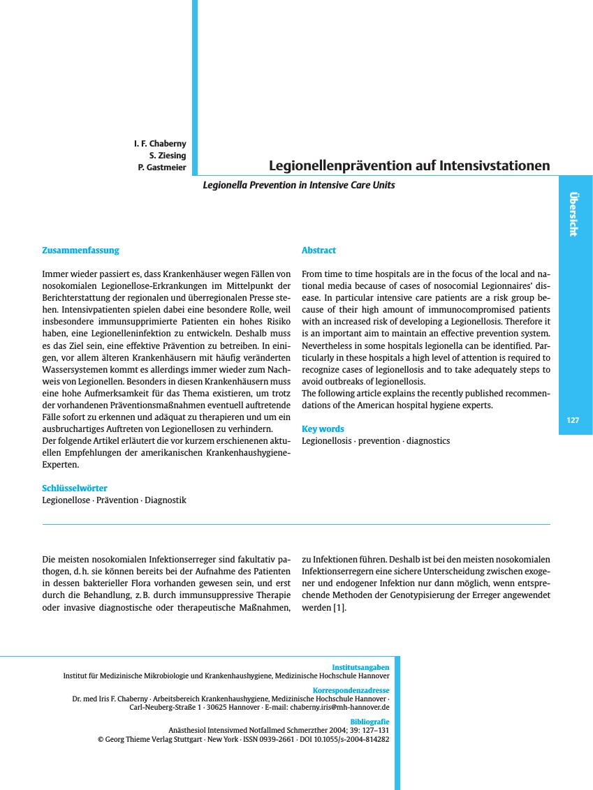 Vorschauseite 1: Legionellenprävention auf Intensivstationen