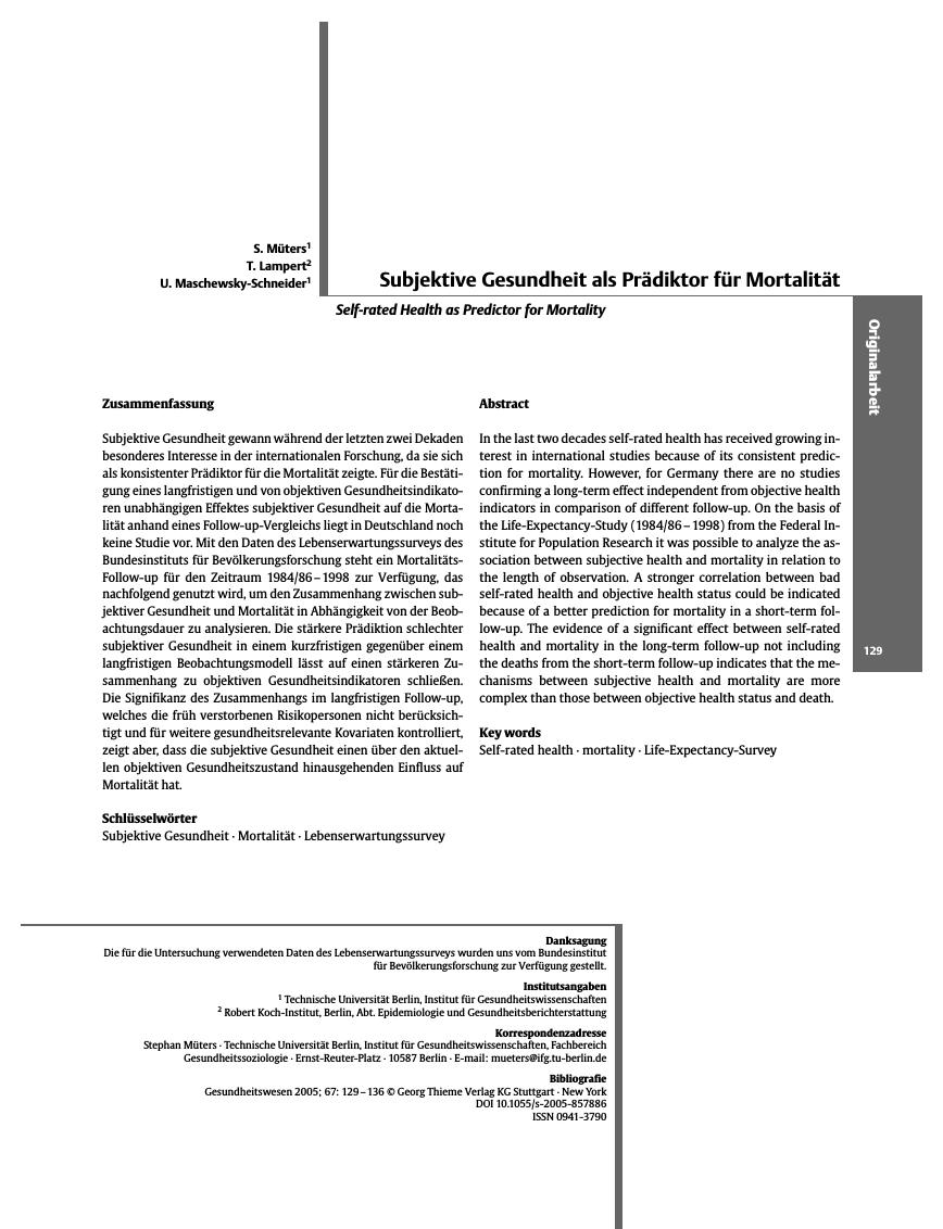 Vorschauseite 1: Subjektive Gesundheit als Prädiktor für Mortalität