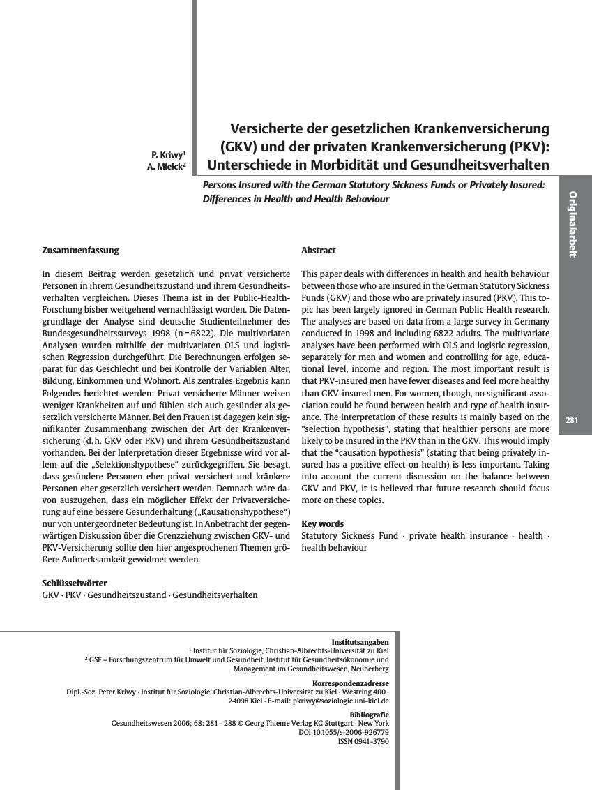 Vorschauseite 1: Versicherte der gesetzlichen Krankenversicherung (GKV) und der privaten Krankenversicherung (PKV): Unterschiede in Morbidität und Gesundheitsverhalten