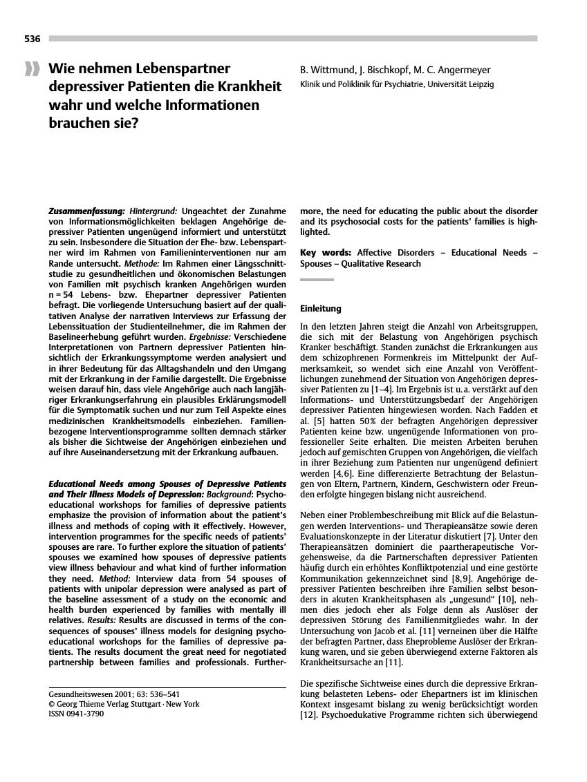 Vorschauseite 1: Wie nehmen Lebenspartner depressiver Patienten die Krankheit wahr und welche Informationen brauchen sie?