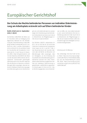 Vorschauseite 1: Der Schutz der Rechte behinderter Personen vor indirekter Diskriminierung am Arbeitsplatz erstreckt sich auf Eltern behinderter Kinder