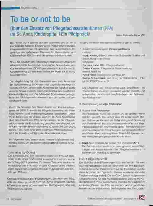 Vorschauseite 1: To be or not to be Über den Einsatz von Pflegefachassistentinnen (PFA) im St. Anna Kinderspital - Ein Pilotprojekt