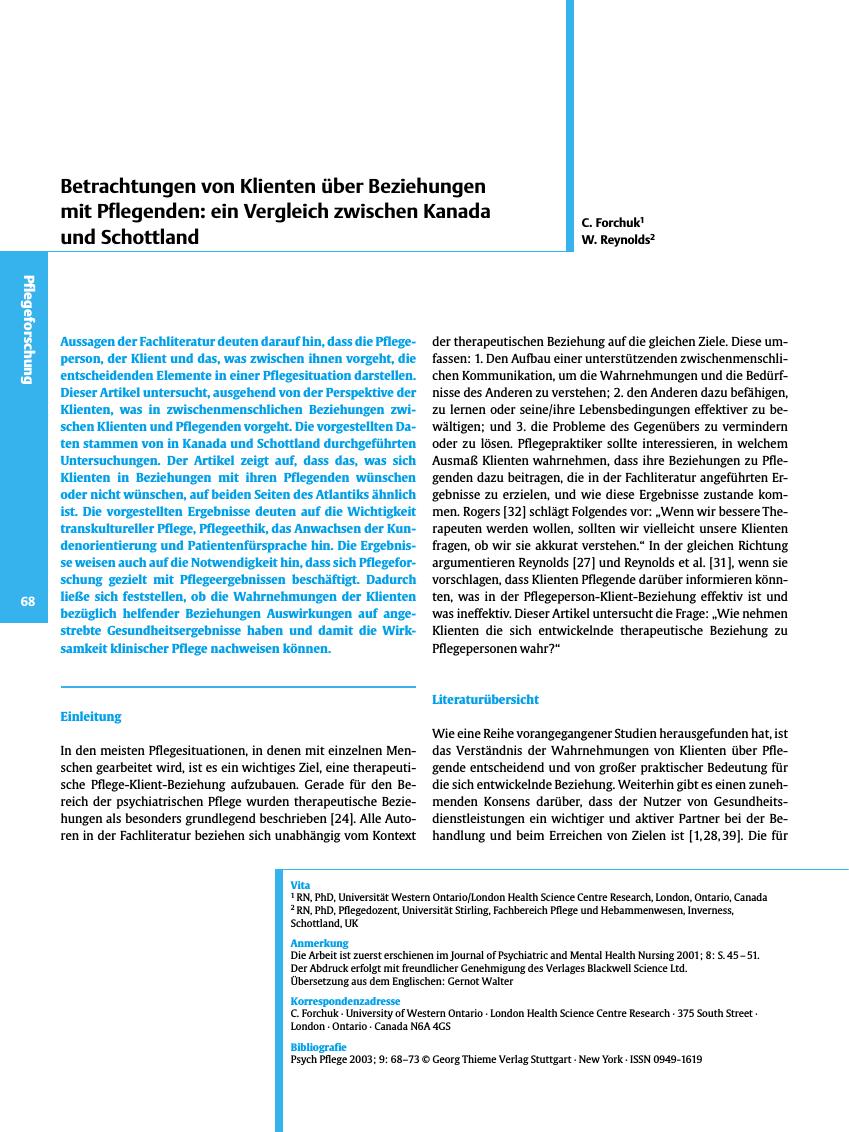 Vorschauseite 1: Betrachtungen von Klienten über Beziehungen mit Pflegenden: ein Vergleich zwischen Kanada und Schottland