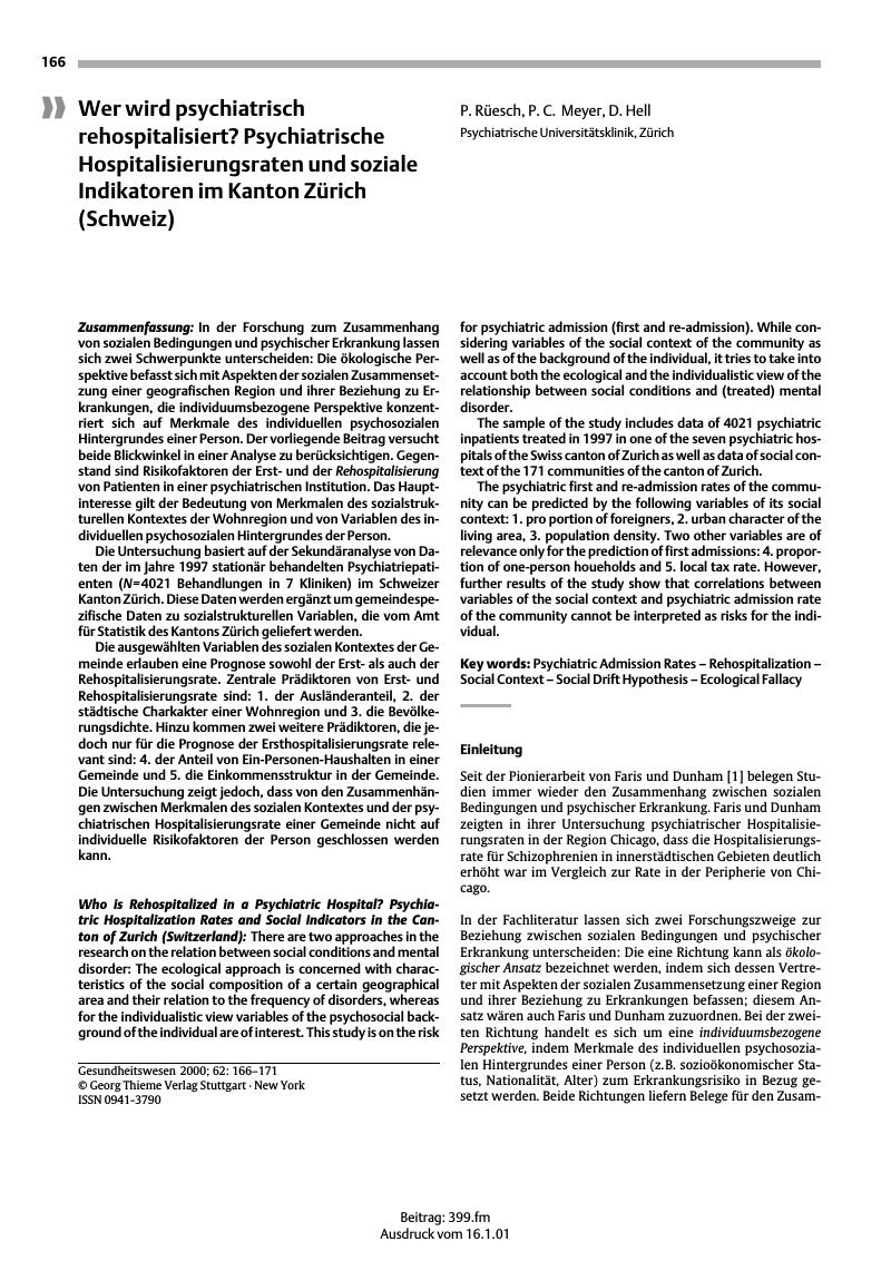 Vorschauseite 1: Wer wird psychiatrisch rehospitalisiert? Psychiatrische Hospitalisierungsraten und soziale Indikatoren im Kanton Zürich (Schweiz)