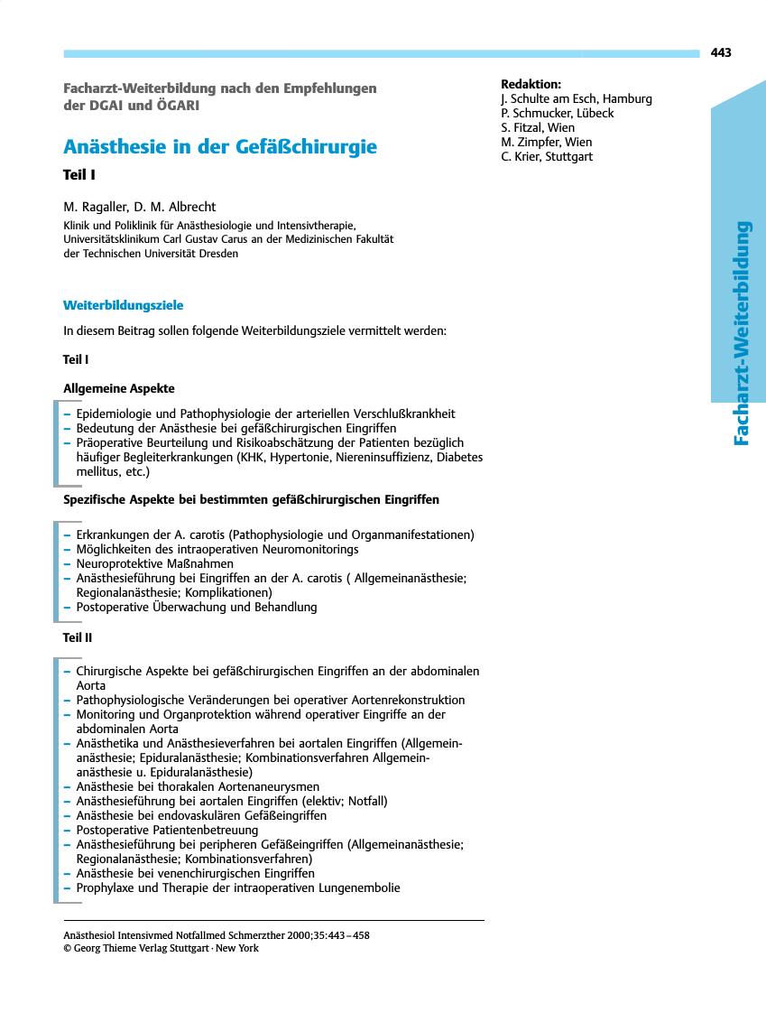 Vorschauseite 1: Anästhesie in der Gefäßchirurgie