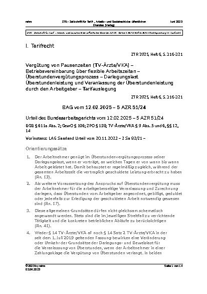 Vorschauseite 1: I. Tarifrecht Vergütung von Pausenzeiten (TV-Ärzte/VKA) – Betriebsvereinbarung über flexible Arbeitszeiten – Überstundenvergütungsprozess – Darlegungslast Überstundenleistung und…