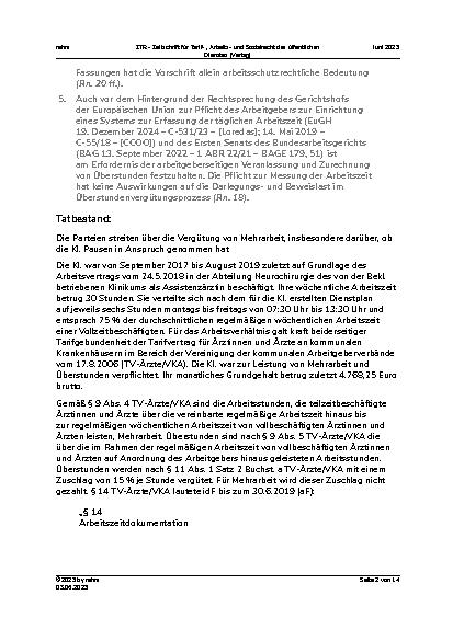 Vorschauseite 2: I. Tarifrecht Vergütung von Pausenzeiten (TV-Ärzte/VKA) – Betriebsvereinbarung über flexible Arbeitszeiten – Überstundenvergütungsprozess – Darlegungslast Überstundenleistung und…