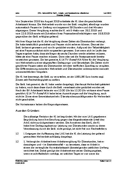 Vorschauseite 4: I. Tarifrecht Vergütung von Pausenzeiten (TV-Ärzte/VKA) – Betriebsvereinbarung über flexible Arbeitszeiten – Überstundenvergütungsprozess – Darlegungslast Überstundenleistung und…