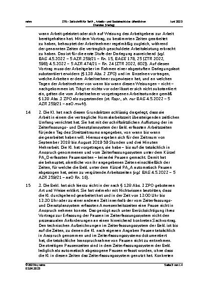Vorschauseite 5: I. Tarifrecht Vergütung von Pausenzeiten (TV-Ärzte/VKA) – Betriebsvereinbarung über flexible Arbeitszeiten – Überstundenvergütungsprozess – Darlegungslast Überstundenleistung und…