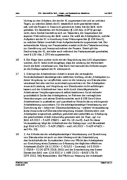 Vorschauseite 6: I. Tarifrecht Vergütung von Pausenzeiten (TV-Ärzte/VKA) – Betriebsvereinbarung über flexible Arbeitszeiten – Überstundenvergütungsprozess – Darlegungslast Überstundenleistung und…