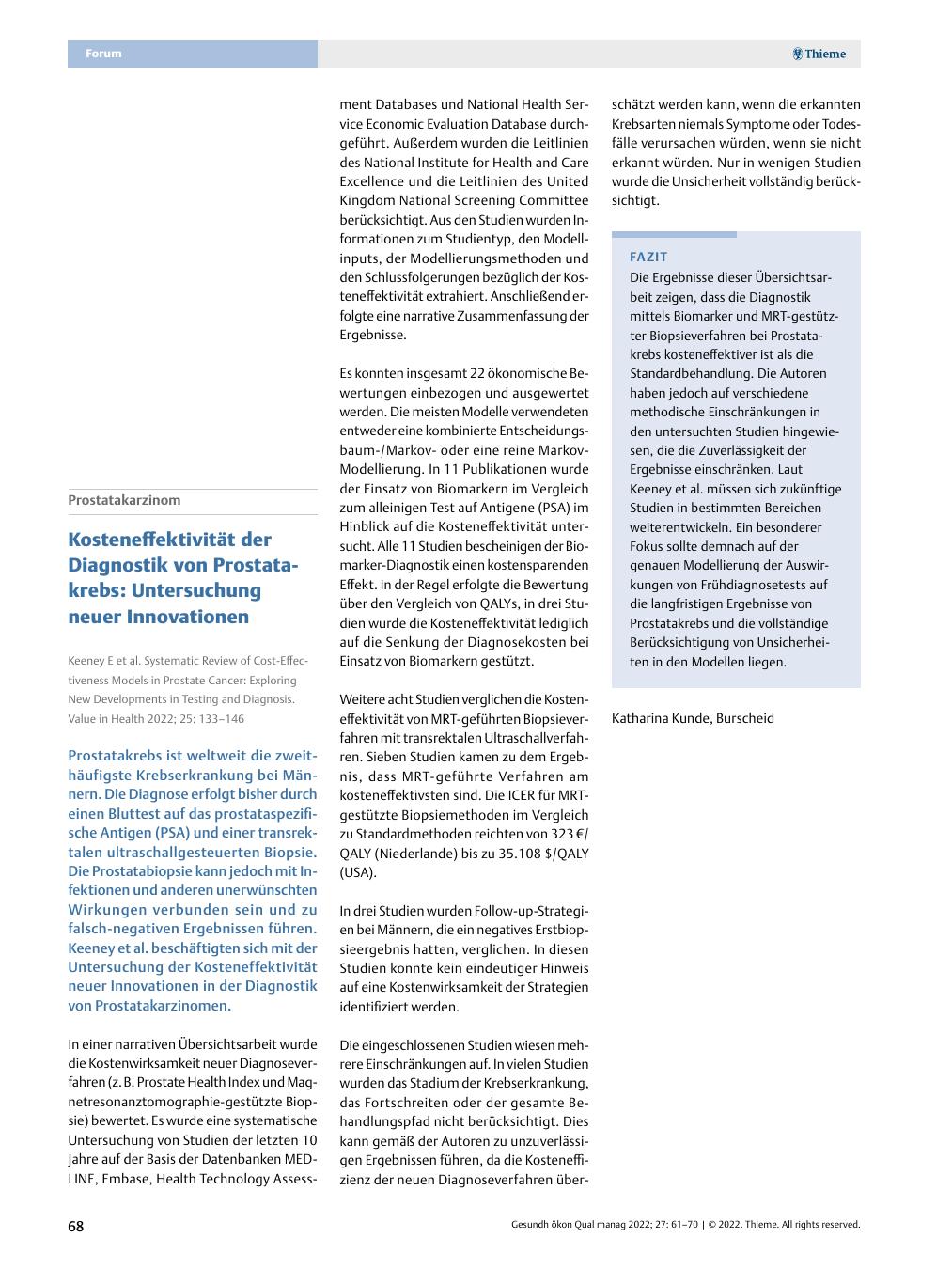 Vorschauseite 1: Prostatakarzinom – Kosteneffektivität der Diagnostik von Prostatakrebs: Untersuchung neuer Innovationen