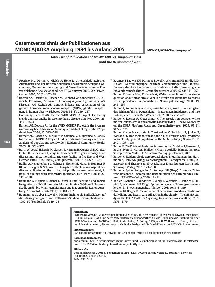 Vorschauseite 1: Gesamtverzeichnis der Publikationen aus MONICA/KORA Augsburg 1984 bis Anfang 2005
