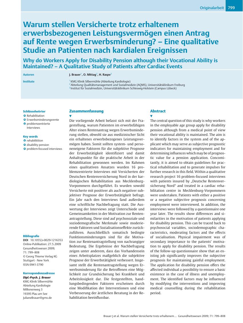 Vorschauseite 1: Warum stellen Versicherte trotz erhaltenem erwerbsbezogenen Leistungsvermögen einen Antrag auf Rente wegen Erwerbsminderung? – Eine qualitative Studie an Patienten nach kardialen…