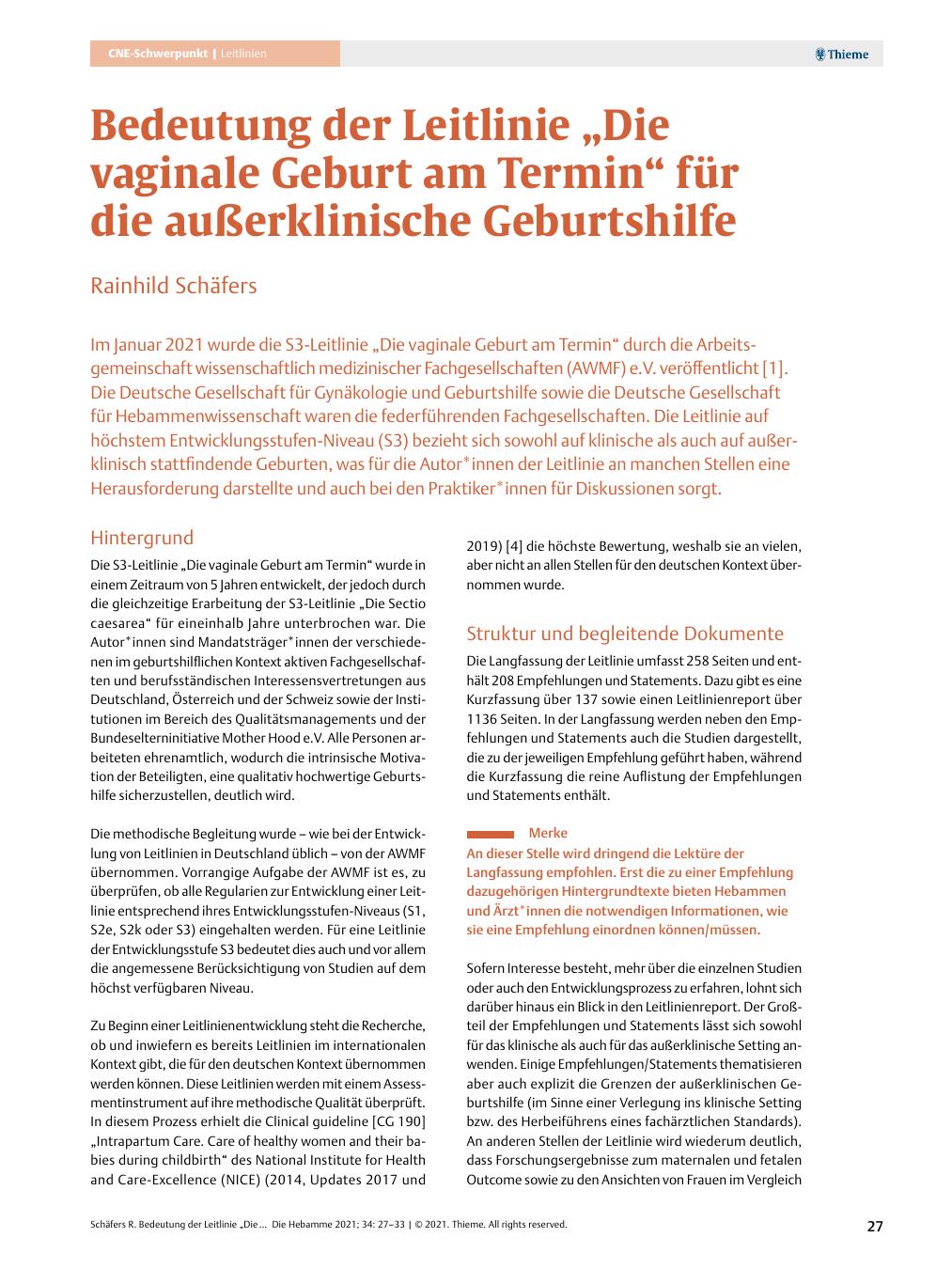 Vorschauseite 1: Bedeutung der Leitlinie „Die vaginale Geburt am Termin“ für die außerklinische Geburtshilfe
