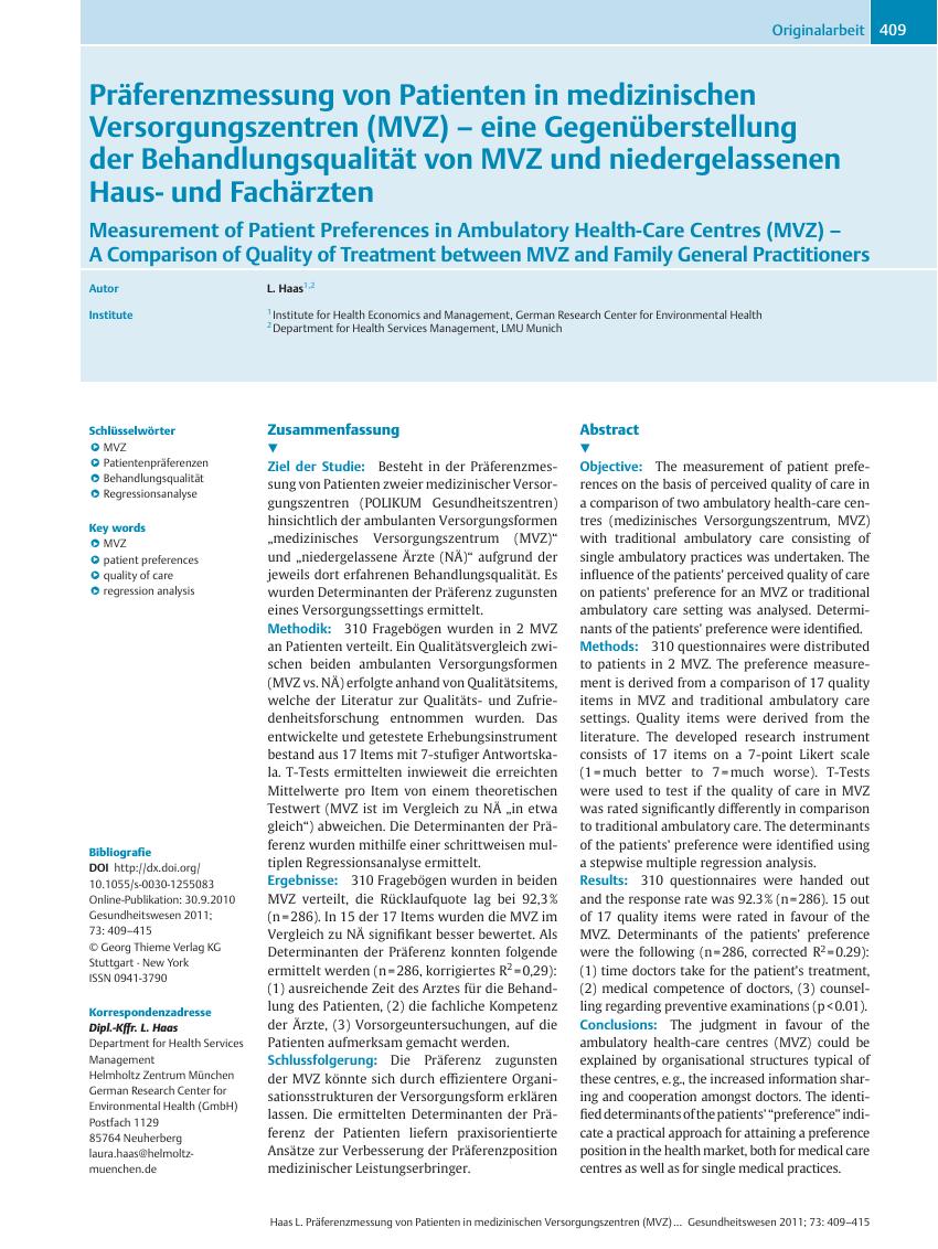Vorschauseite 1: Präferenzmessung von Patienten in medizinischen Versorgungszentren (MVZ) – eine Gegenüberstellung der Behandlungsqualität von MVZ und niedergelassenen Hausund Fachärzten