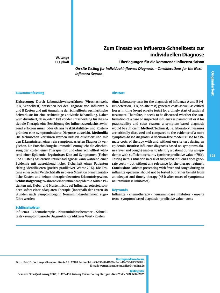 Vorschauseite 1: Zum Einsatz von Influenza-Schnelltests zur individuellen Diagnose