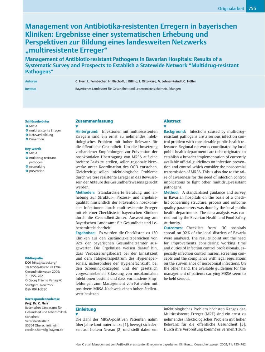 Vorschauseite 1: Management von Antibiotika-resistenten Erregern in bayerischen Kliniken: Ergebnisse einer systematischen Erhebung und Perspektiven zur Bildung eines landesweiten Netzwerks „multir…