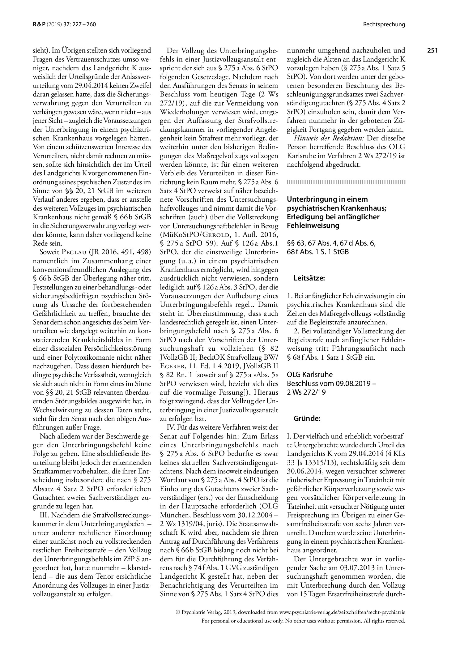 Vorschauseite 1: Unterbringung in einem psychiatrischen Krankenhaus; Erledigung bei anfänglicher Fehleinweisung