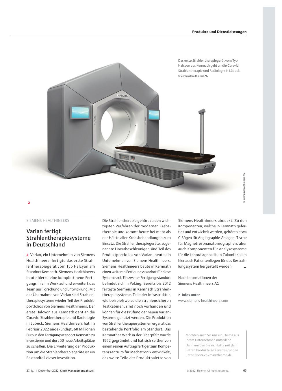 Vorschauseite 1: Siemens Healthineers: Varian fertigt Strahlentherapiesysteme in Deutschland.