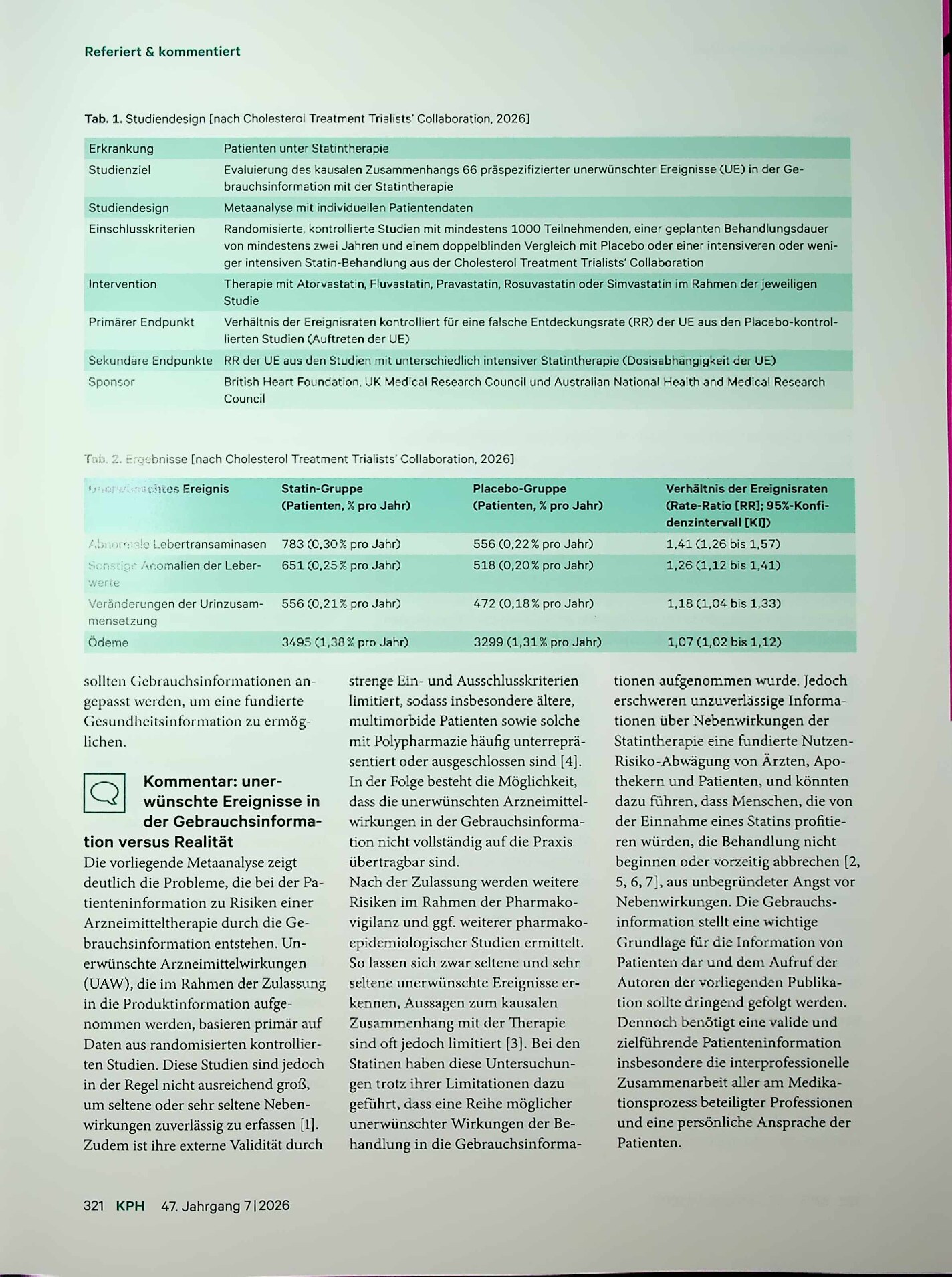Vorschauseite 2: Unerwünschte Effekte von Statinen in der Gebrauchsinformation: Metaanalyse von doppelblinden, randomisierten, kontrollierten Studien