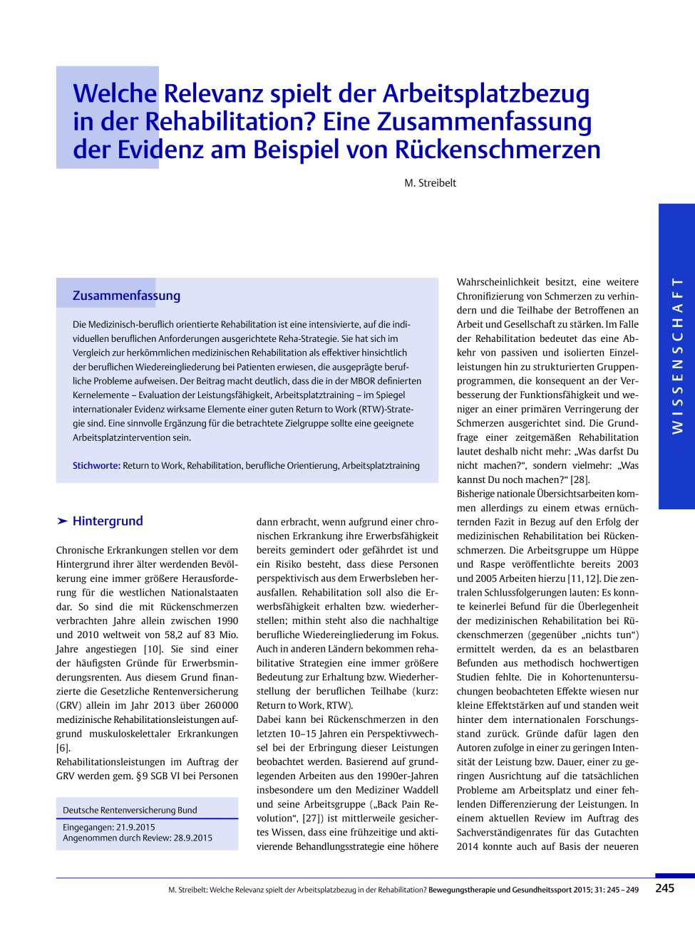 Vorschauseite 1: Welche Relevanz spielt der Arbeitsplatzbezug in der Rehabilitation? Eine Zusammenfassung der Evidenz am Beispiel von Rückenschmerzen
