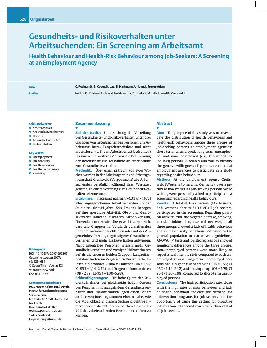 Vorschauseite 1: Gesundheitsund Risikoverhalten unter Arbeitsuchenden: Ein Screening am Arbeitsamt