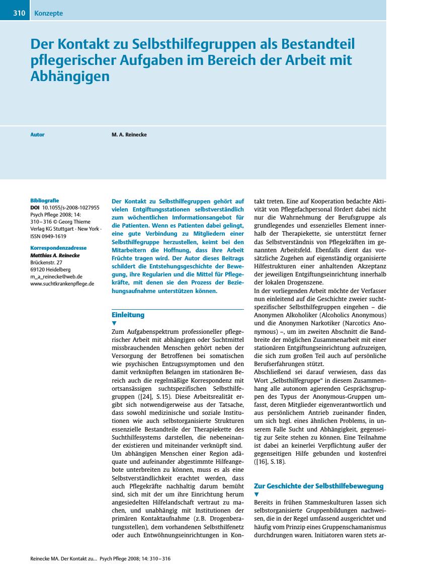 Vorschauseite 1: Der Kontakt zu Selbsthilfegruppen als Bestandteil pflegerischer Aufgaben im Bereich der Arbeit mit Abhängigen