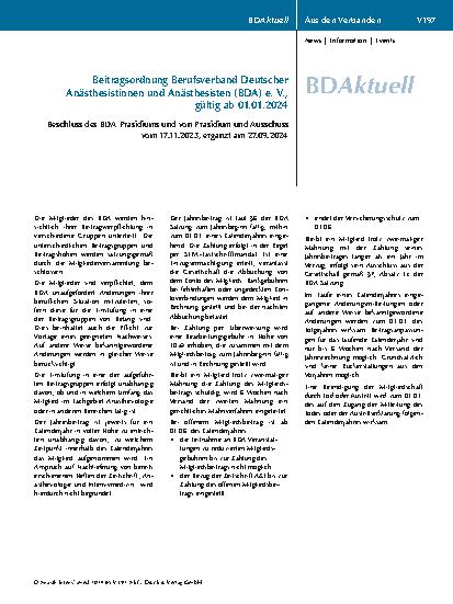 Vorschauseite 1: Beitragsordnung Berufsverband Deutscher Anästhesistinnen und Anästhesisten (BDA) e. V., gültig ab 01.01.2024
