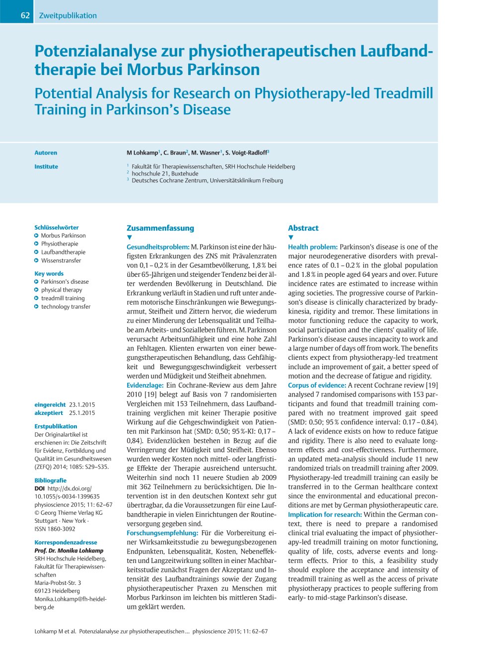 Vorschauseite 1: Potenzialanalyse zur physiotherapeutischen Laufbandtherapie bei Morbus Parkinson