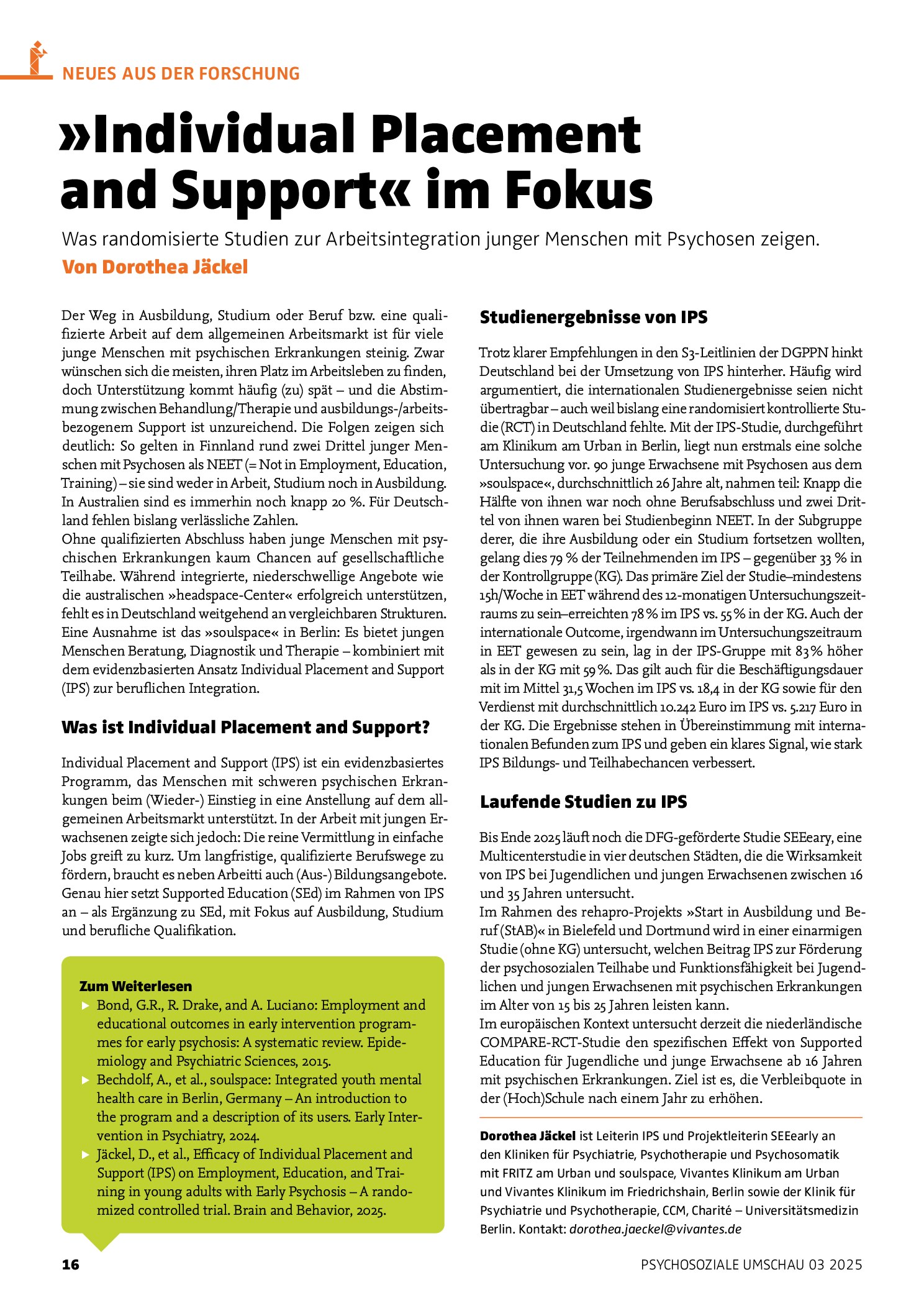 Vorschauseite 1: »Individual Placement and Support« im Fokus