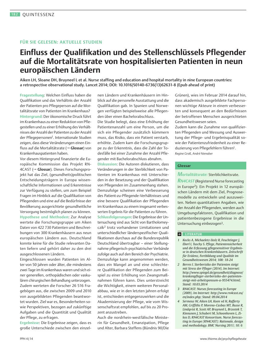 Vorschauseite 1: Einfluss der Qualifikation und des Stellenschlüssels Pflegender auf die Mortalitätsrate von hospitalisierten Patienten in neun europäischen Ländern