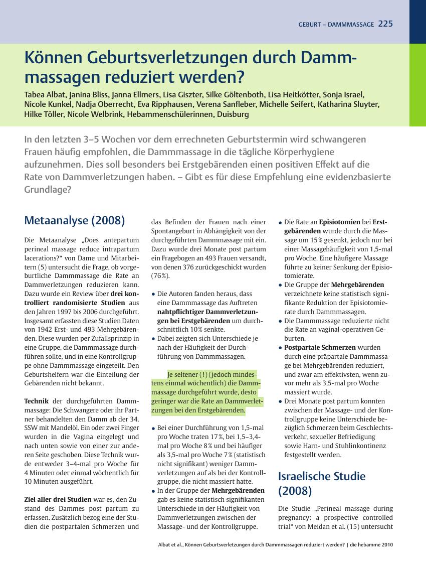 Vorschauseite 1: Können Geburtsverletzungen durch Dammmassagen reduziert werden?