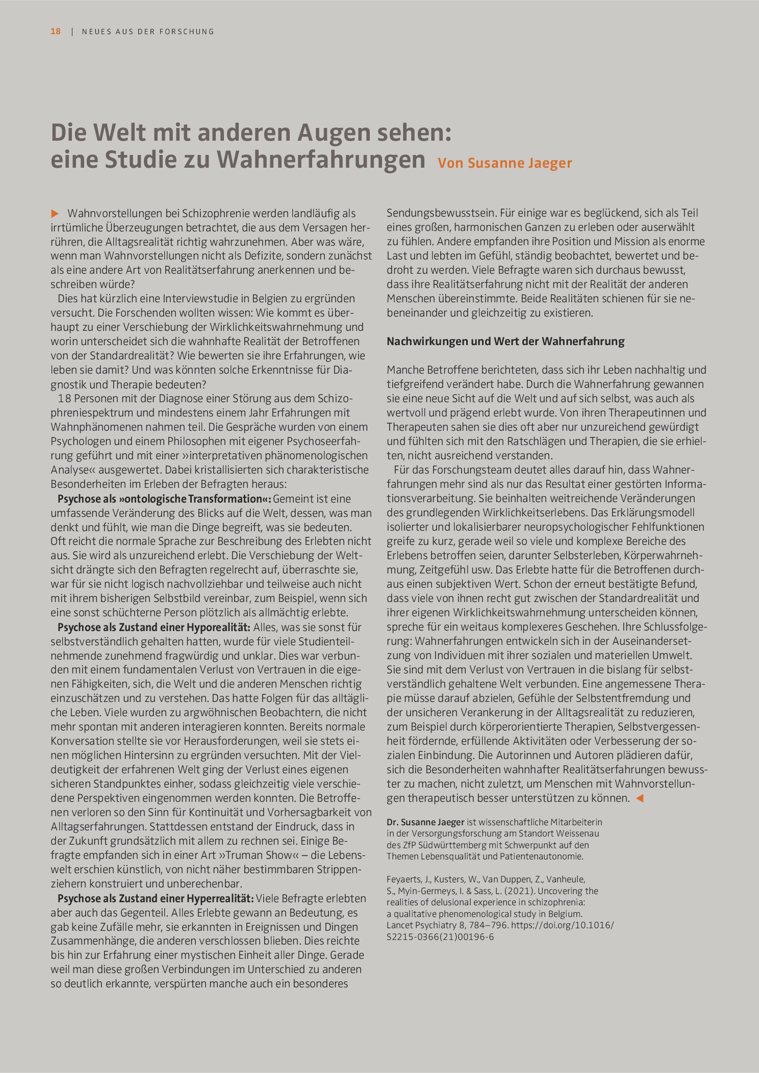 Vorschauseite 1: Die Welt mit anderen Augen sehen: eine Studie zu Wahnerfahrungen