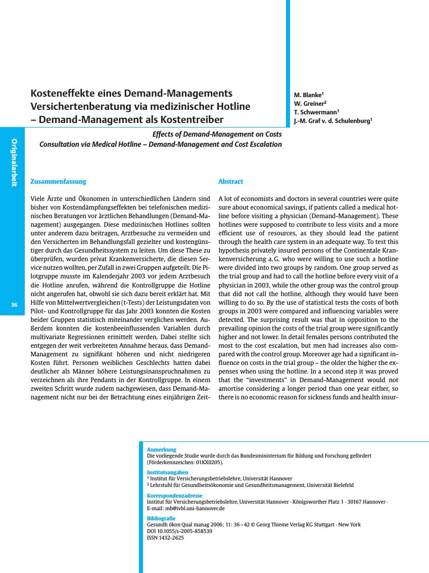 Vorschauseite 1: Kosteneffekte eines Demand-Managements Versichertenberatung via medizinischer Hotline - Demand-Management als Kostentreiber