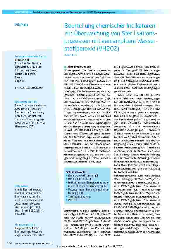 Vorschauseite 1: Beurteilung chemischer Indikatoren zur Überwachung von Sterilisationsprozessen mit verdampftem Wasserstoffperoxid (VH2O2)